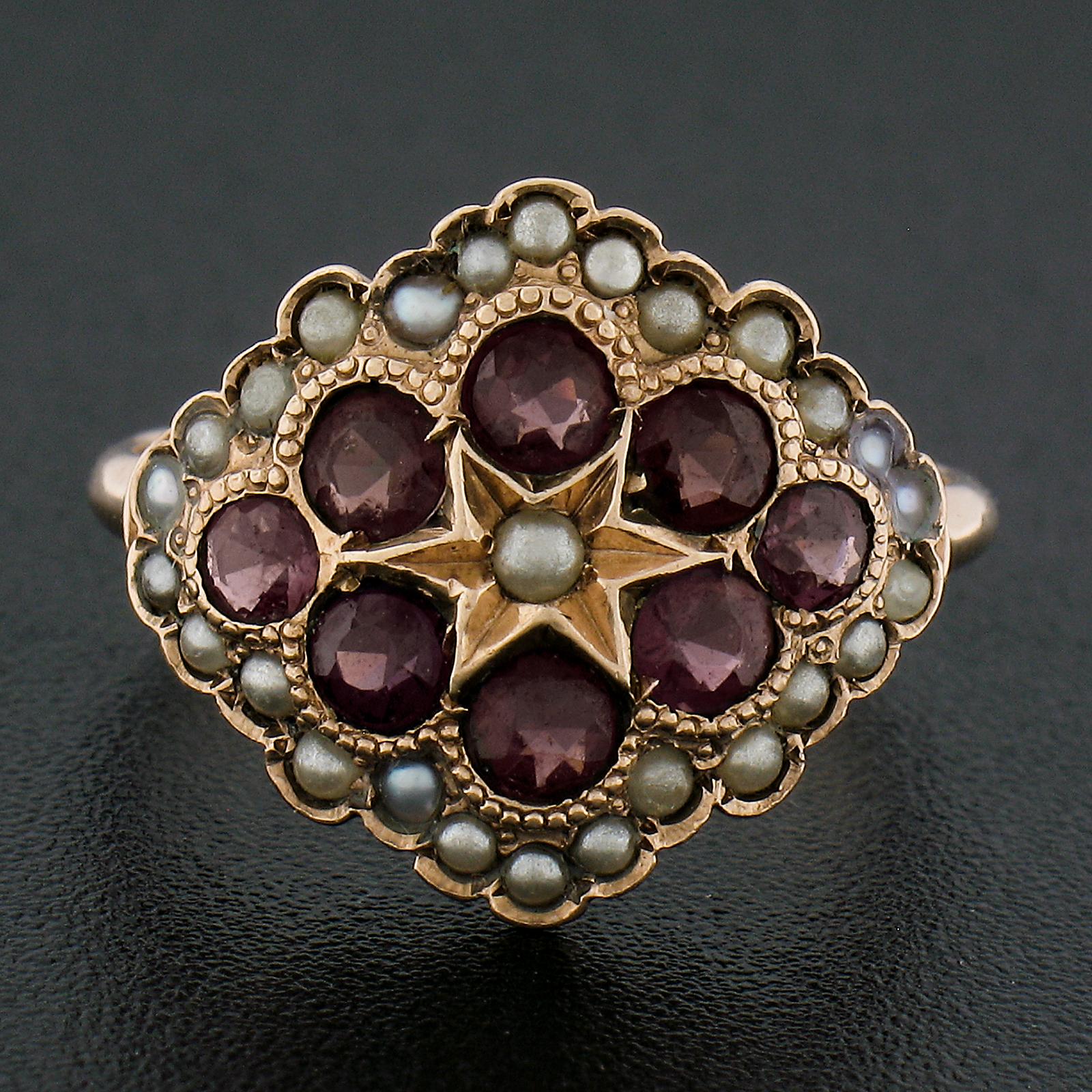 Round Cut Antique Victorian 10k Rosy Yellow Gold Old Rhodolite Garnet & Seed Pearl Ring For Sale