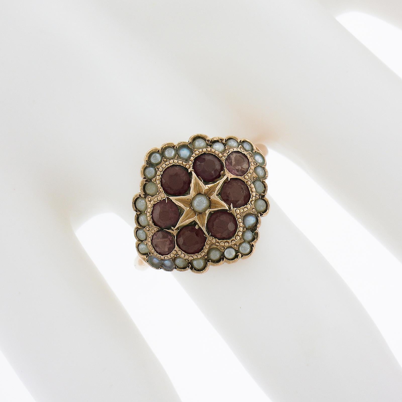 Antique Victorian 10k Rosy Yellow Gold Old Rhodolite Garnet & Seed Pearl Ring In Excellent Condition For Sale In Montclair, NJ