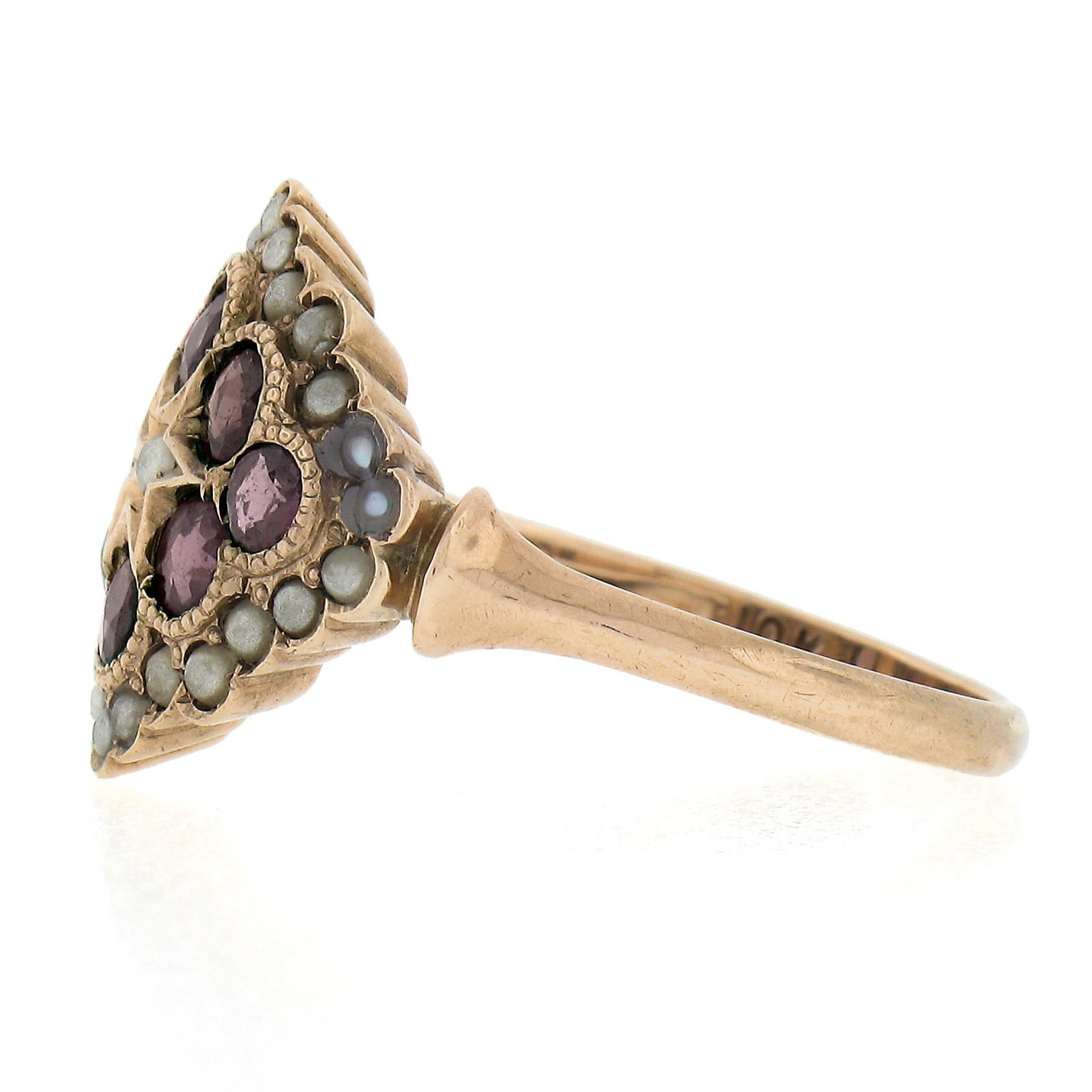 Antique Victorian 10k Rosy Yellow Gold Old Rhodolite Garnet & Seed Pearl Ring For Sale 1