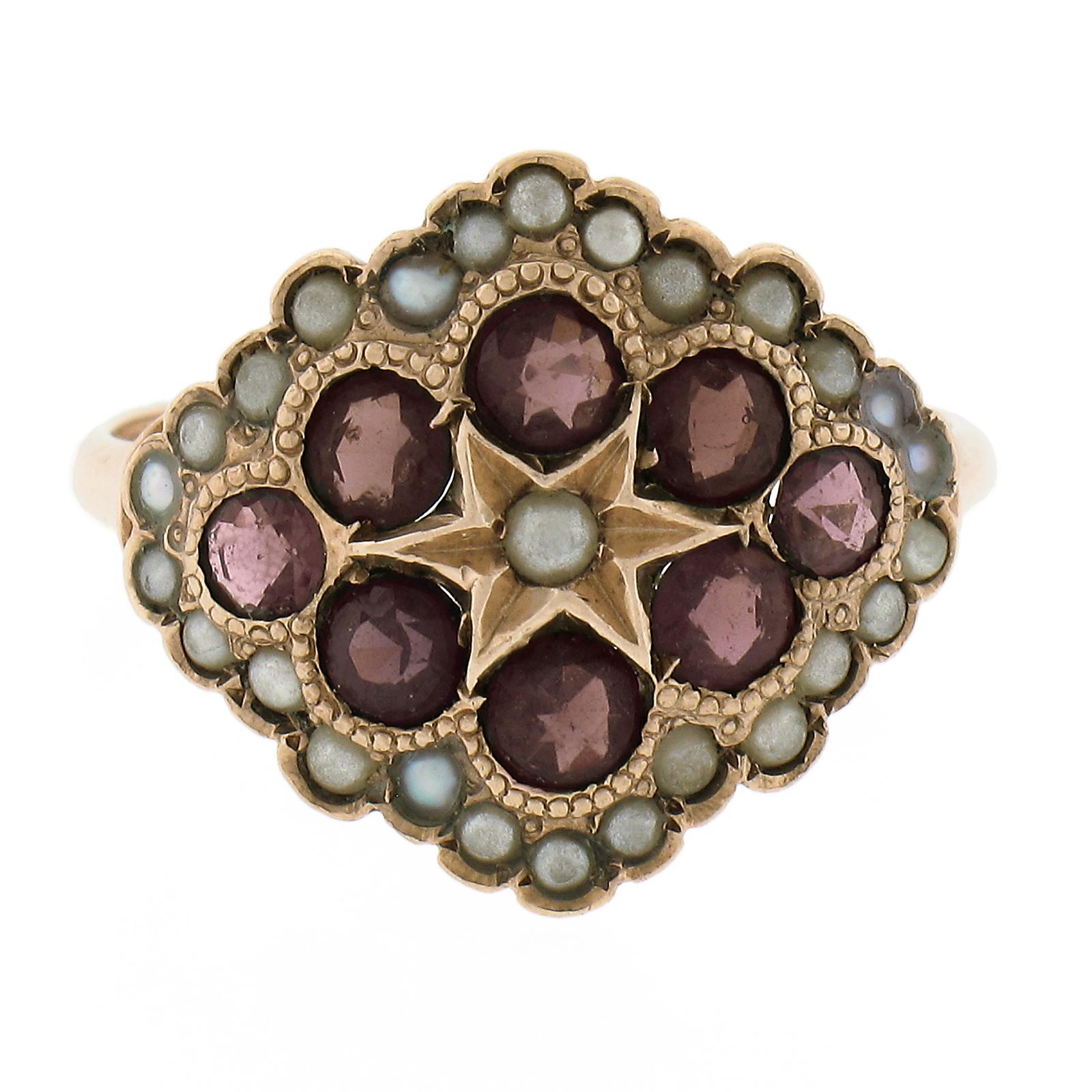 Antique Victorian 10k Rosy Yellow Gold Old Rhodolite Garnet & Seed Pearl Ring For Sale