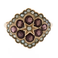 Antique Victorian 10k Rosy Yellow Gold Old Rhodolite Garnet & Seed Pearl Ring