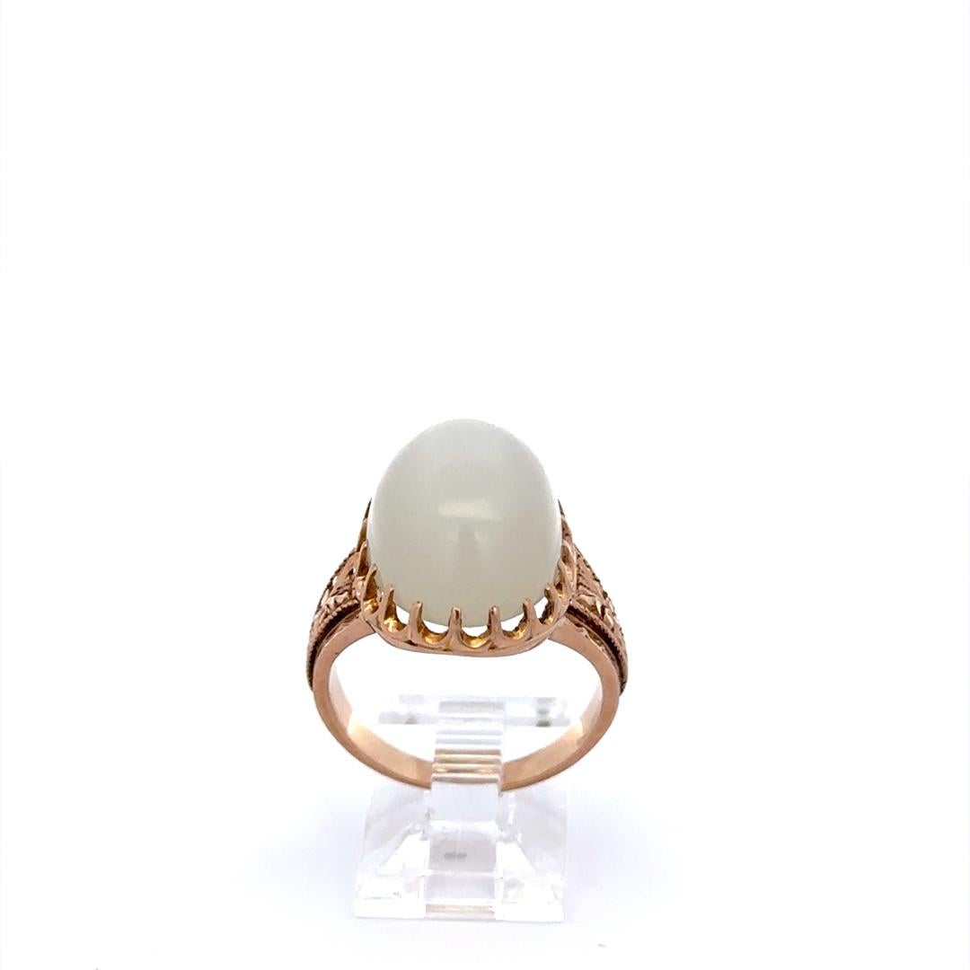 Oval Cut Antique Victorian 10k Rosy Yellow Gold Oval Cabochon Moonstone Engraved Ring For Sale