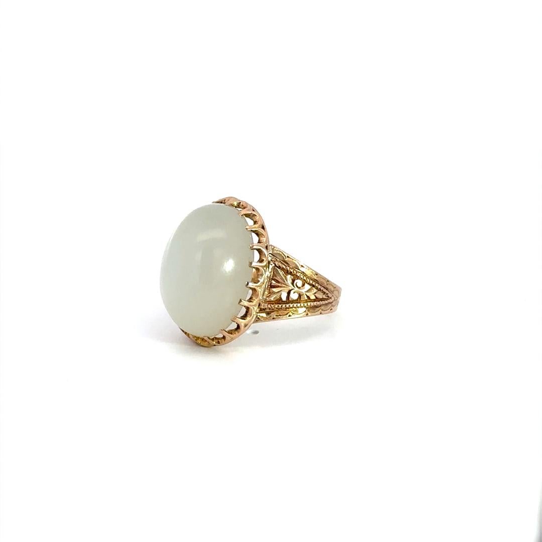 Antique Victorian 10k Rosy Yellow Gold Oval Cabochon Moonstone Engraved Ring In Excellent Condition For Sale In Montclair, NJ