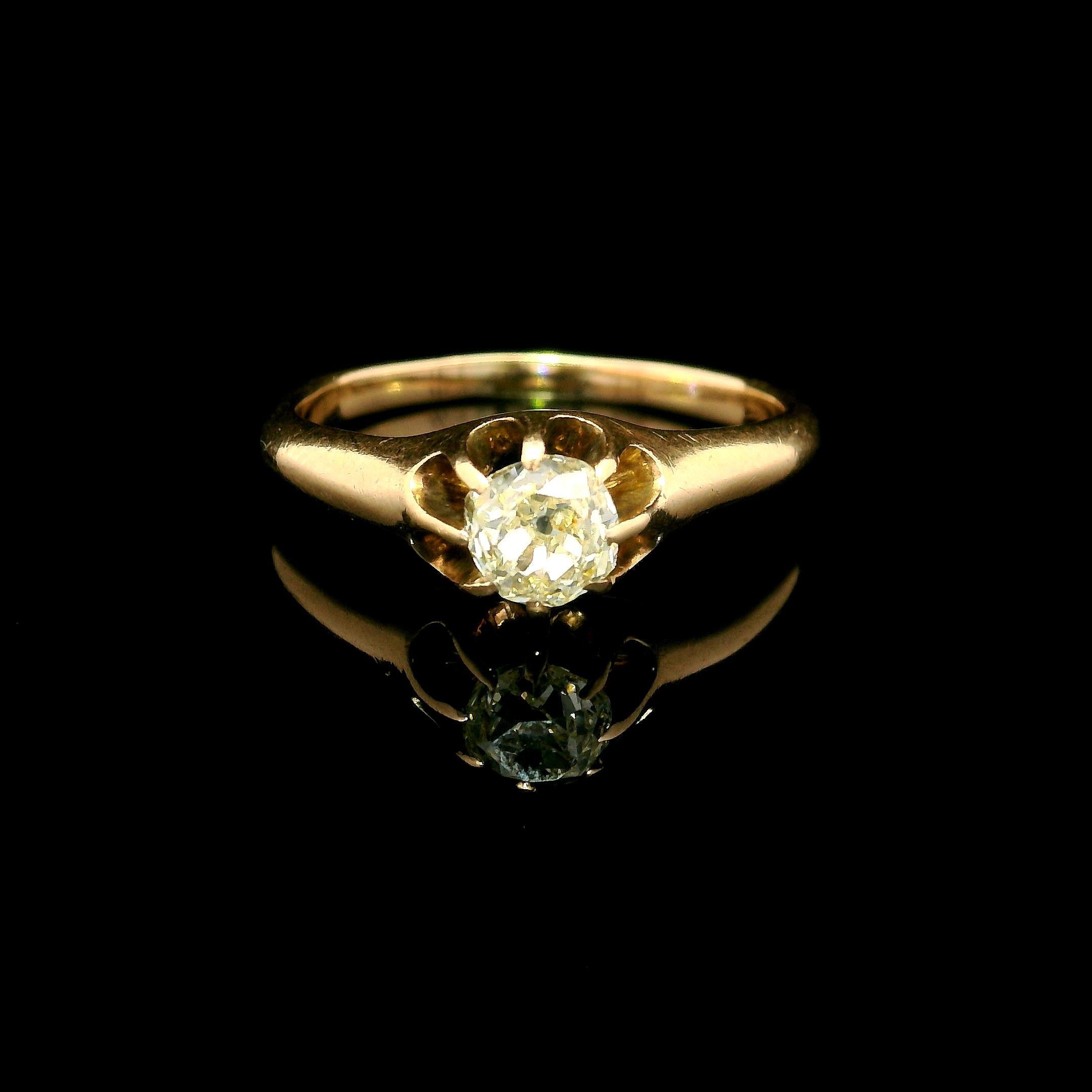 –Stone(s)–
(1) Natural Genuine Diamond - Old Mine Cut - Prong Set - Fiery Warm Yellow Color  - VS1 Clarity - 0.52ctw (approx.)
Material: Solid 10k Yellow Gold
Weight: 2.73 Grams
Ring Size: 7.0 ( fitted on finger, please contact us prior to purchase