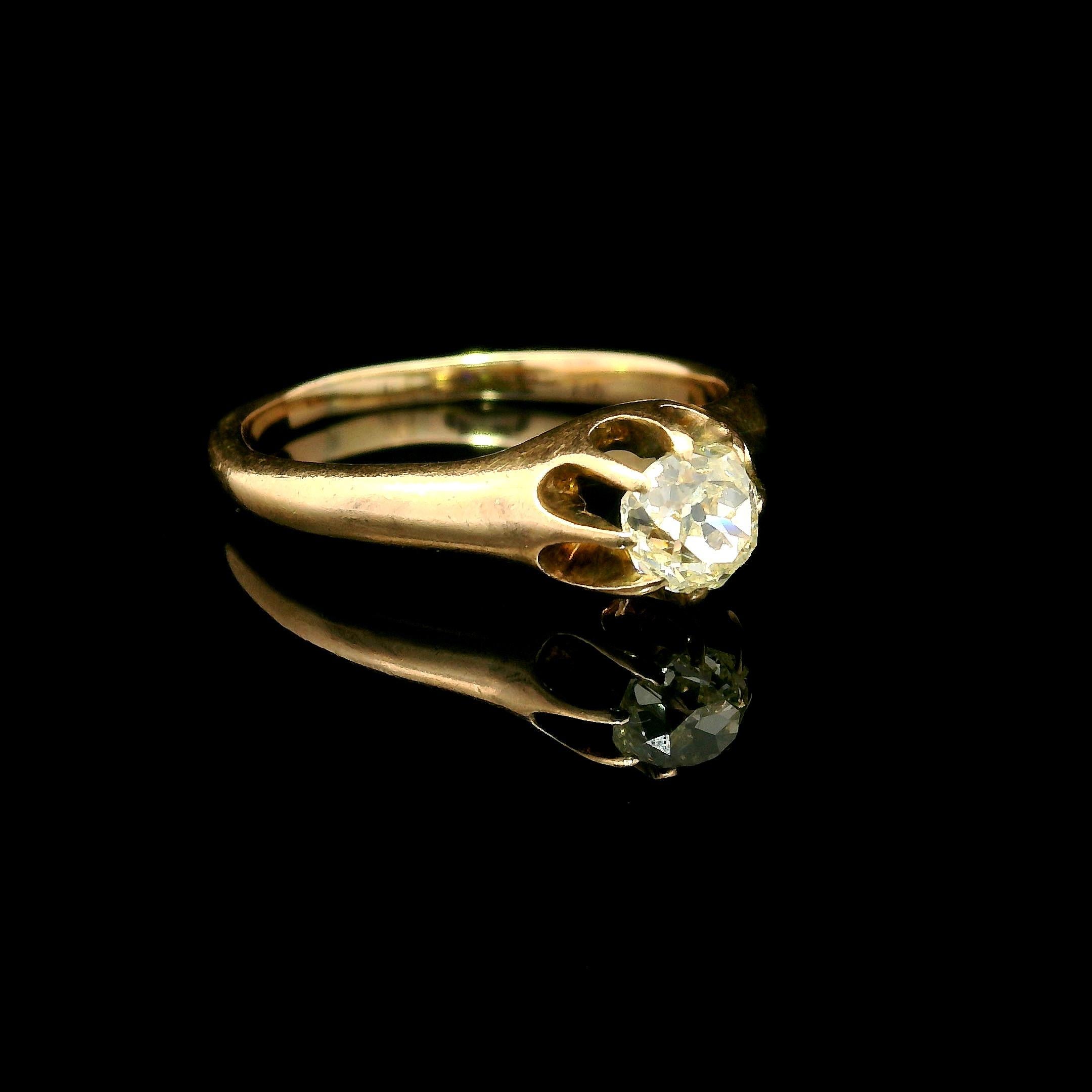 Antique Victorian 10k Yellow Gold 0.52ctw Old Mine Cut Diamond Solitaire Ring In Excellent Condition For Sale In Montclair, NJ