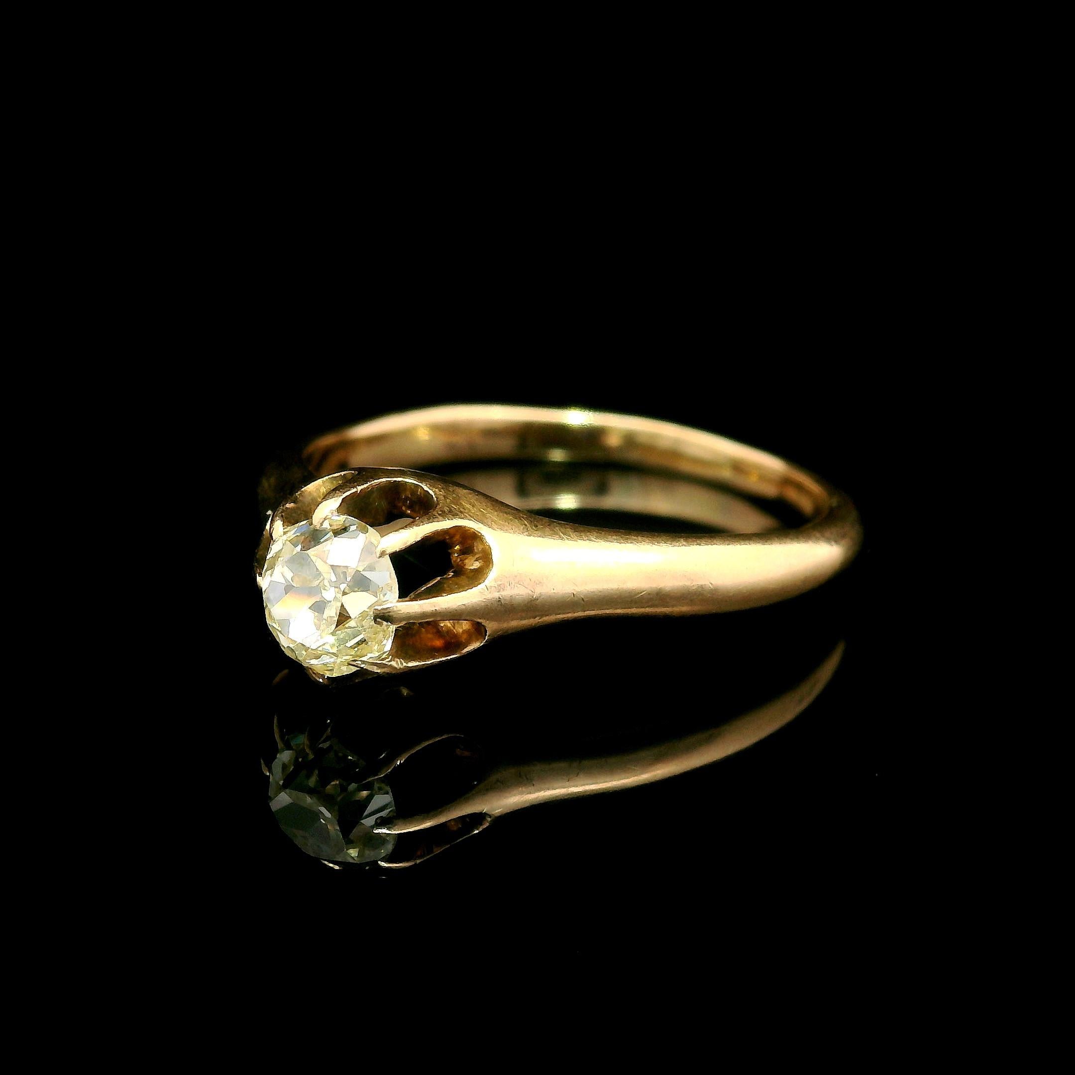 Antique Victorian 10k Yellow Gold 0.52ctw Old Mine Cut Diamond Solitaire Ring For Sale 1