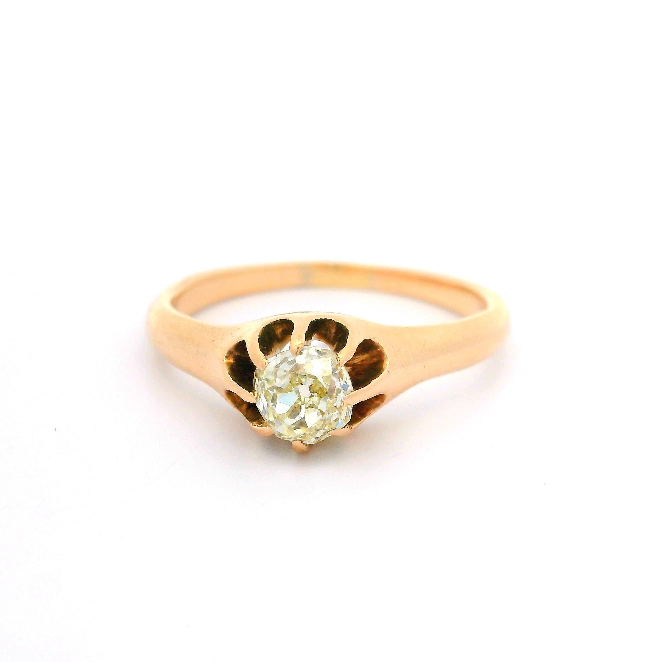 Antique Victorian 10k Yellow Gold 0.52ctw Old Mine Cut Diamond Solitaire Ring For Sale 2