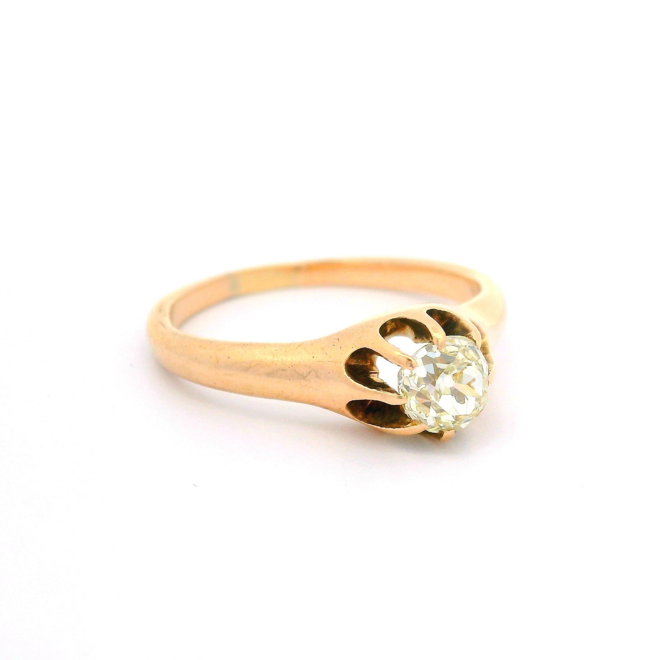 Antique Victorian 10k Yellow Gold 0.52ctw Old Mine Cut Diamond Solitaire Ring For Sale 3