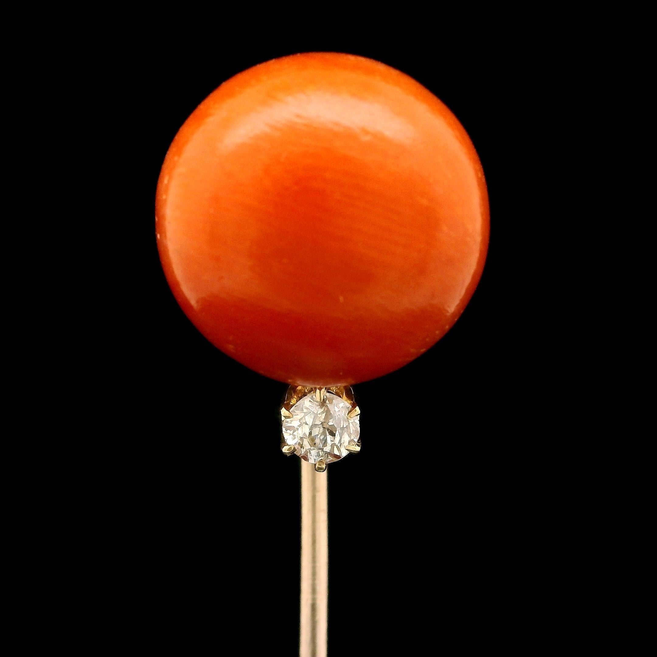 –Stone(s)–
(1) Natural Genuine Coral - Round Cabochon Button - Rich Salmon Orange Color - 14.3mm (approx.)
(1) Natural Genuine Diamond - Old Mine Cut - Prong Set - H Color - SI1 Clarity - 0.15ctw (approx.)

Material: 10k Yellow Gold Stick