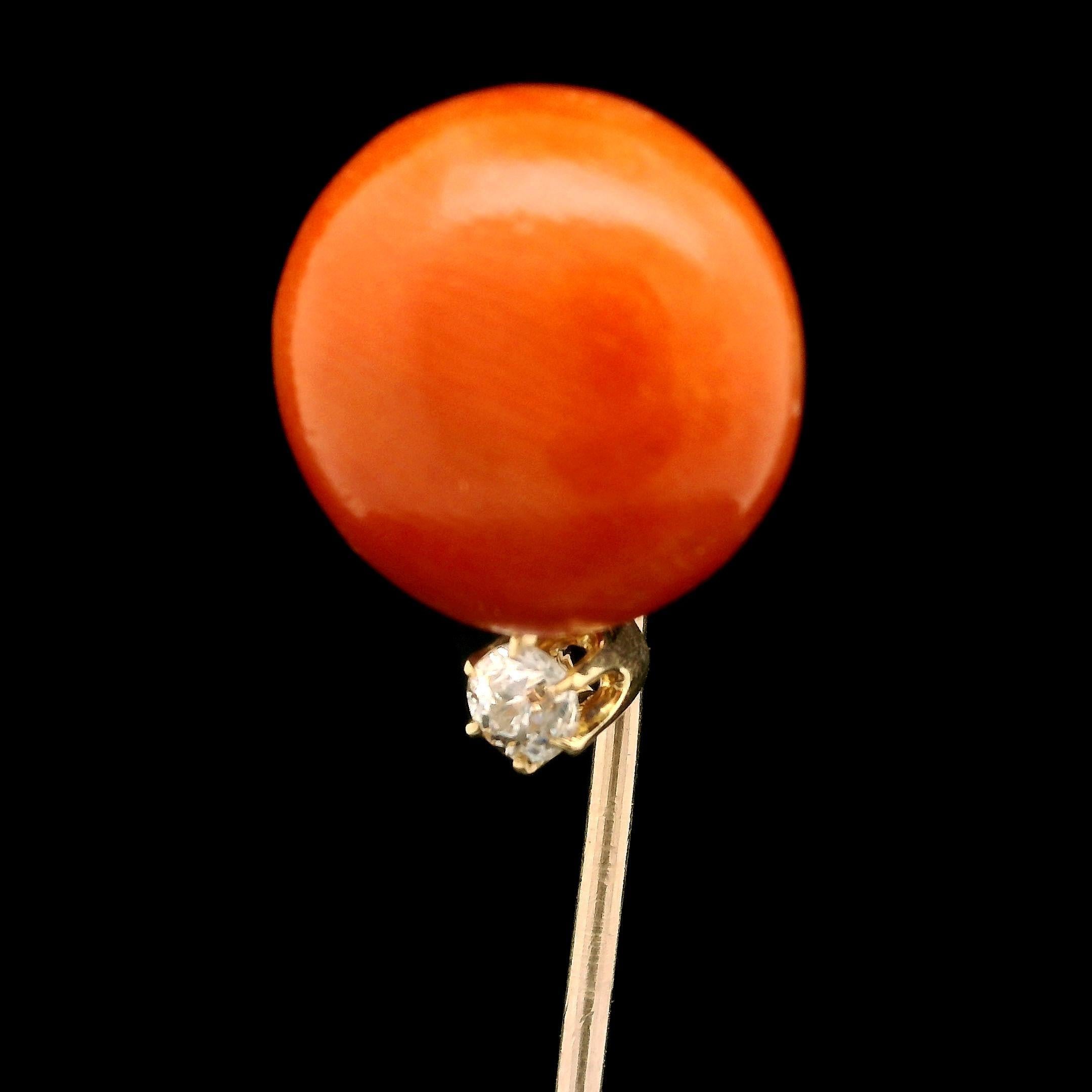 Cabochon Antique Victorian 10k Yellow Gold 14.3mm Coral Button & Diamond Stick Pin For Sale