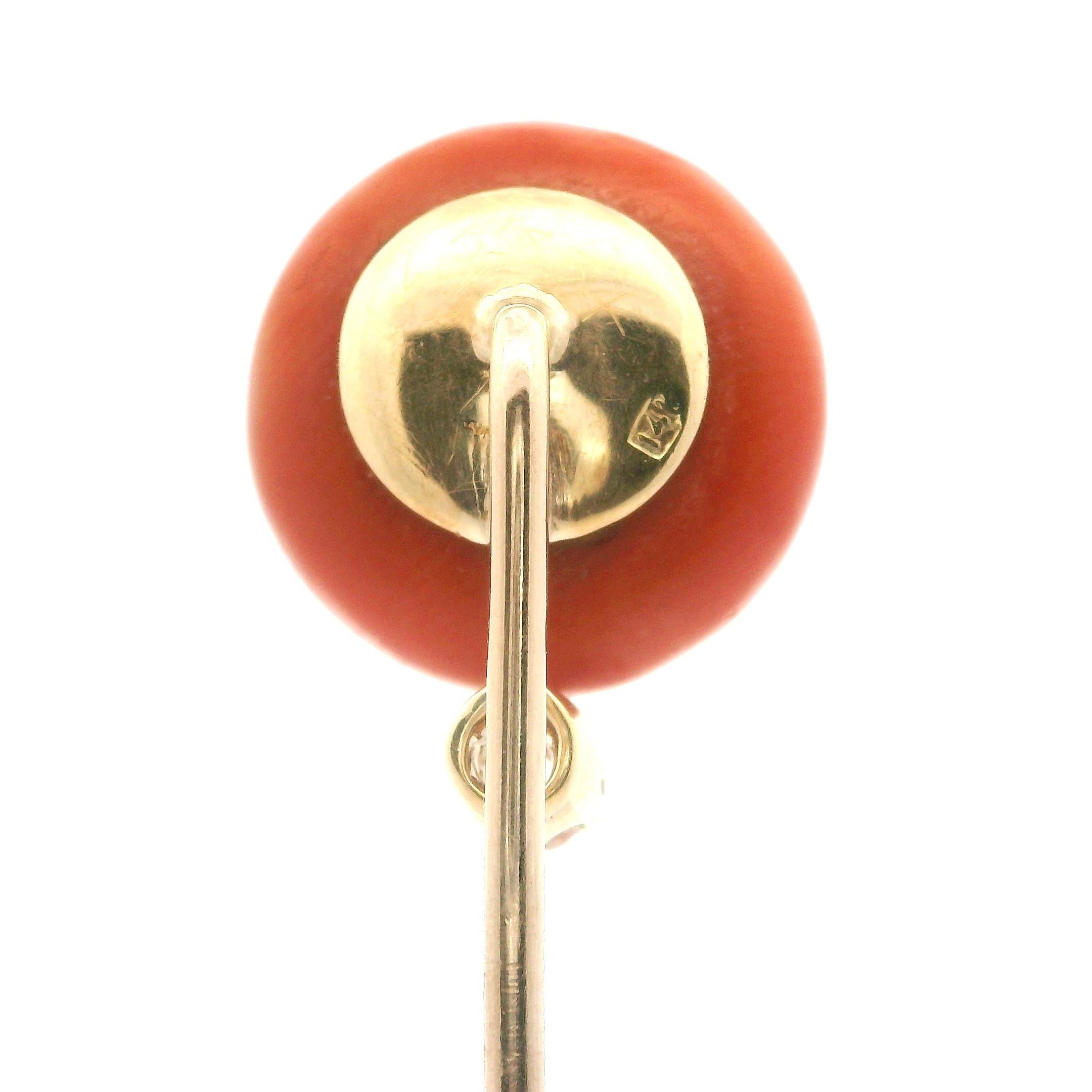 Antique Victorian 10k Yellow Gold 14.3mm Coral Button & Diamond Stick Pin For Sale 2