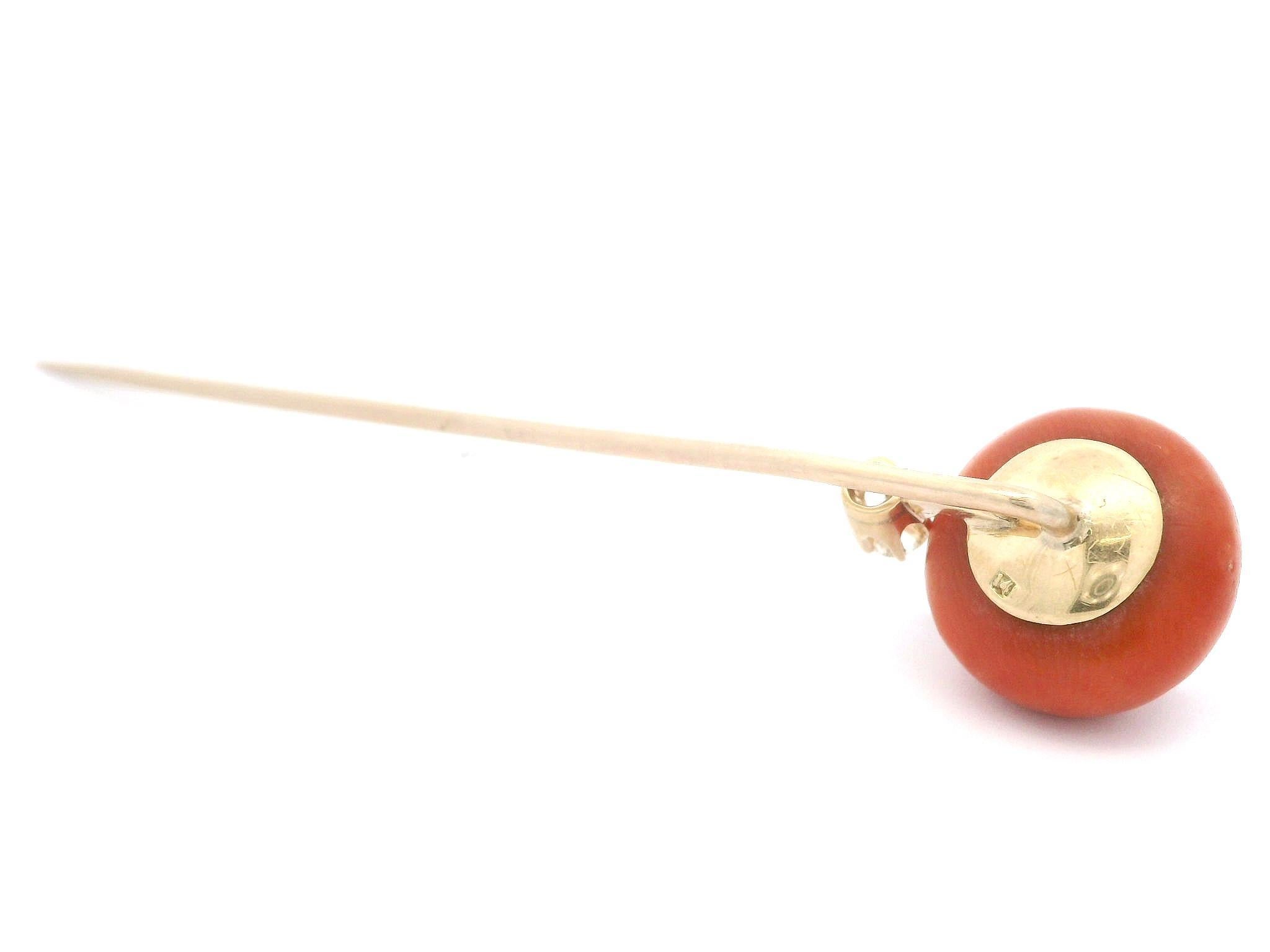 Antique Victorian 10k Yellow Gold 14.3mm Coral Button & Diamond Stick Pin For Sale 4