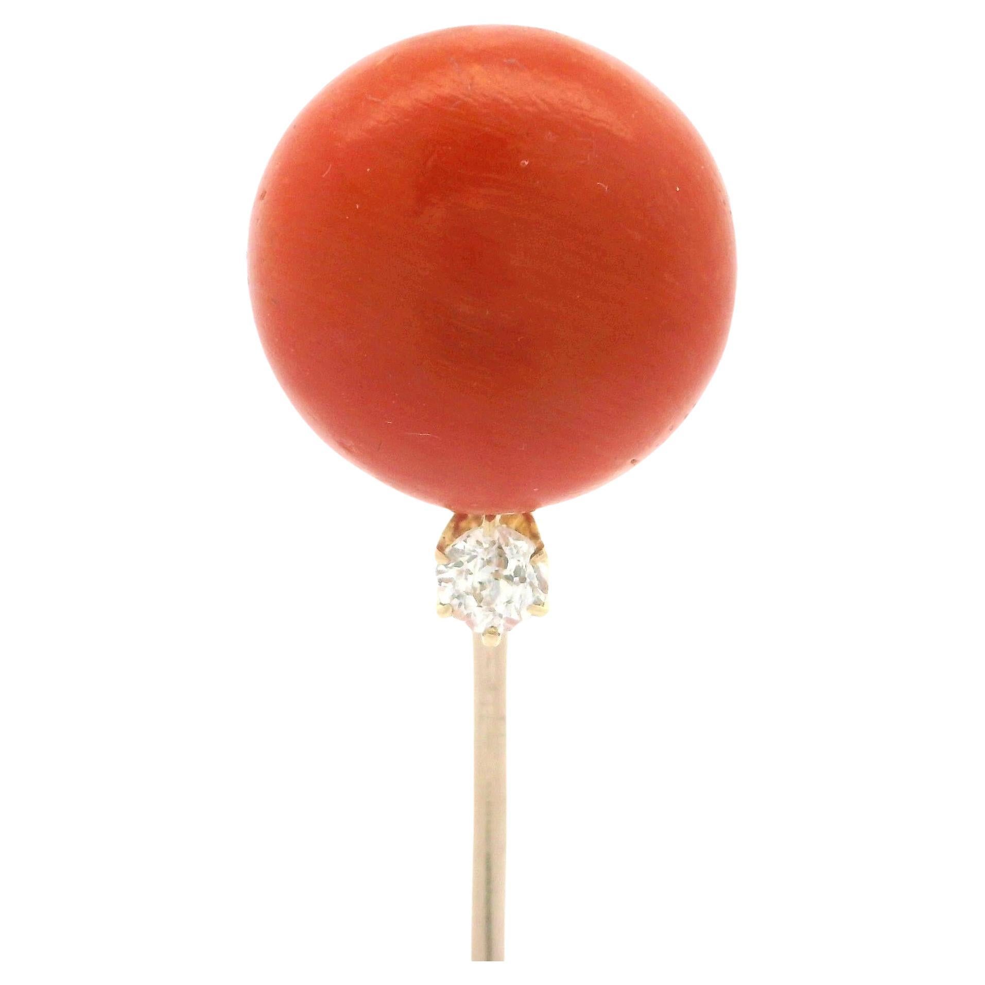 Antique Victorian 10k Yellow Gold 14.3mm Coral Button & Diamond Stick Pin For Sale