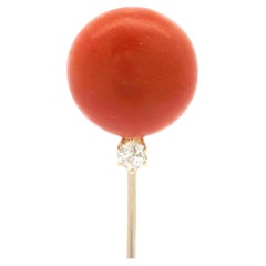 Antique Victorian 10k Yellow Gold 14.3mm Coral Button & Diamond Stick Pin