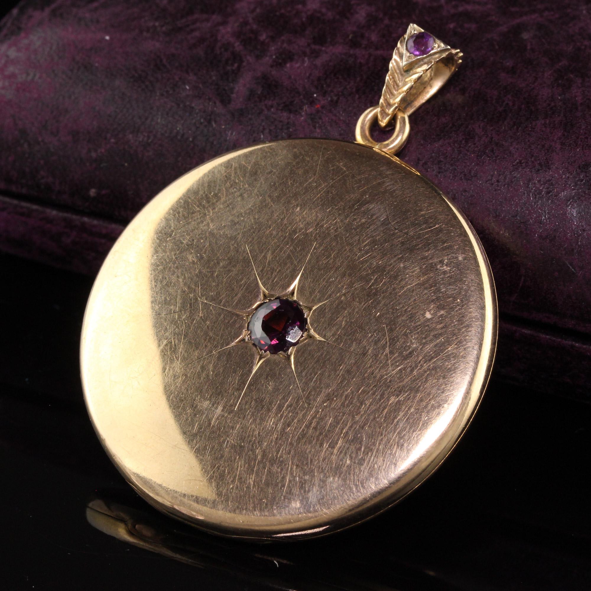 Beautiful Antique Victorian 10K Yellow Gold Amethyst Monogrammed Locket. This large oversized Victorian locket is in great condition and has an amethyst in the center and on the bale of the locket.

Item #N0072

Metal: 10K Yellow Gold

Weight: 18.10