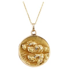 Collana antica vittoriana in oro giallo 10K con medaglione e diamante per cani