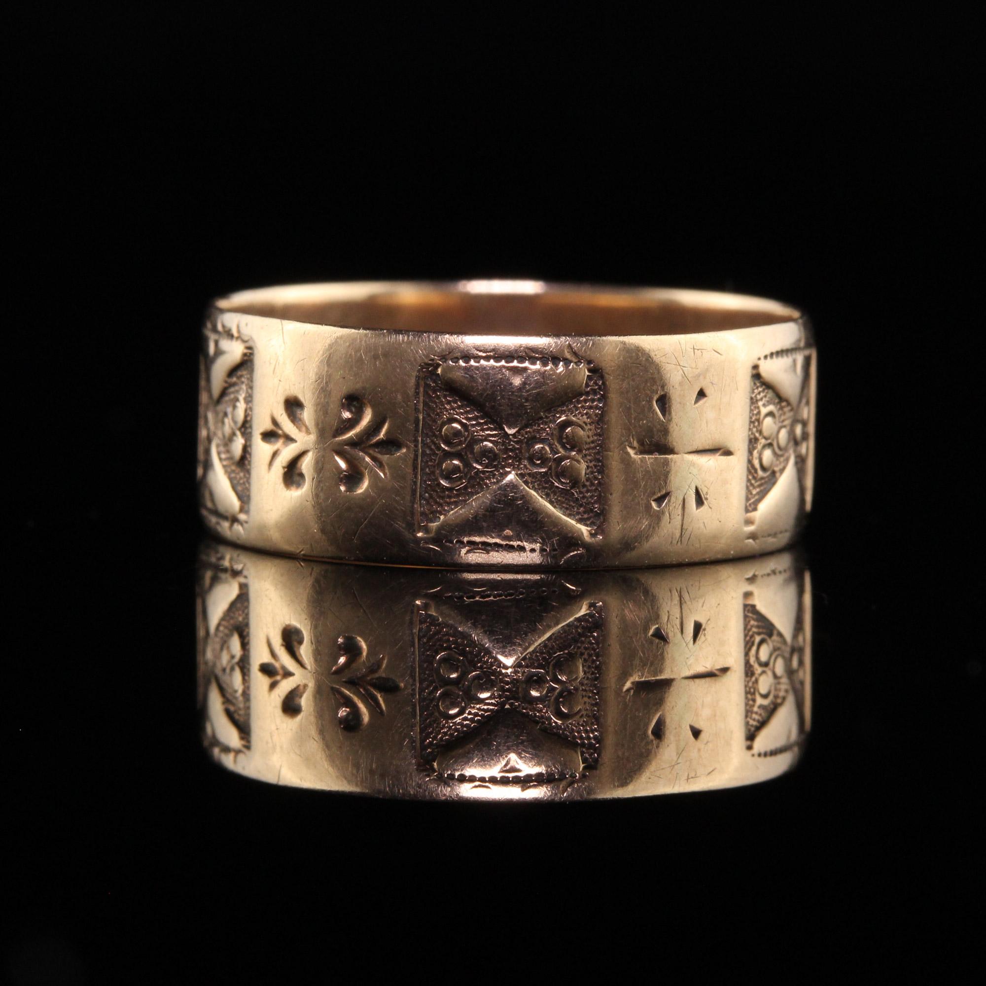 Women's Antique Victorian 10K Yellow Gold Engraved Wide Band Wedding Ring For Sale