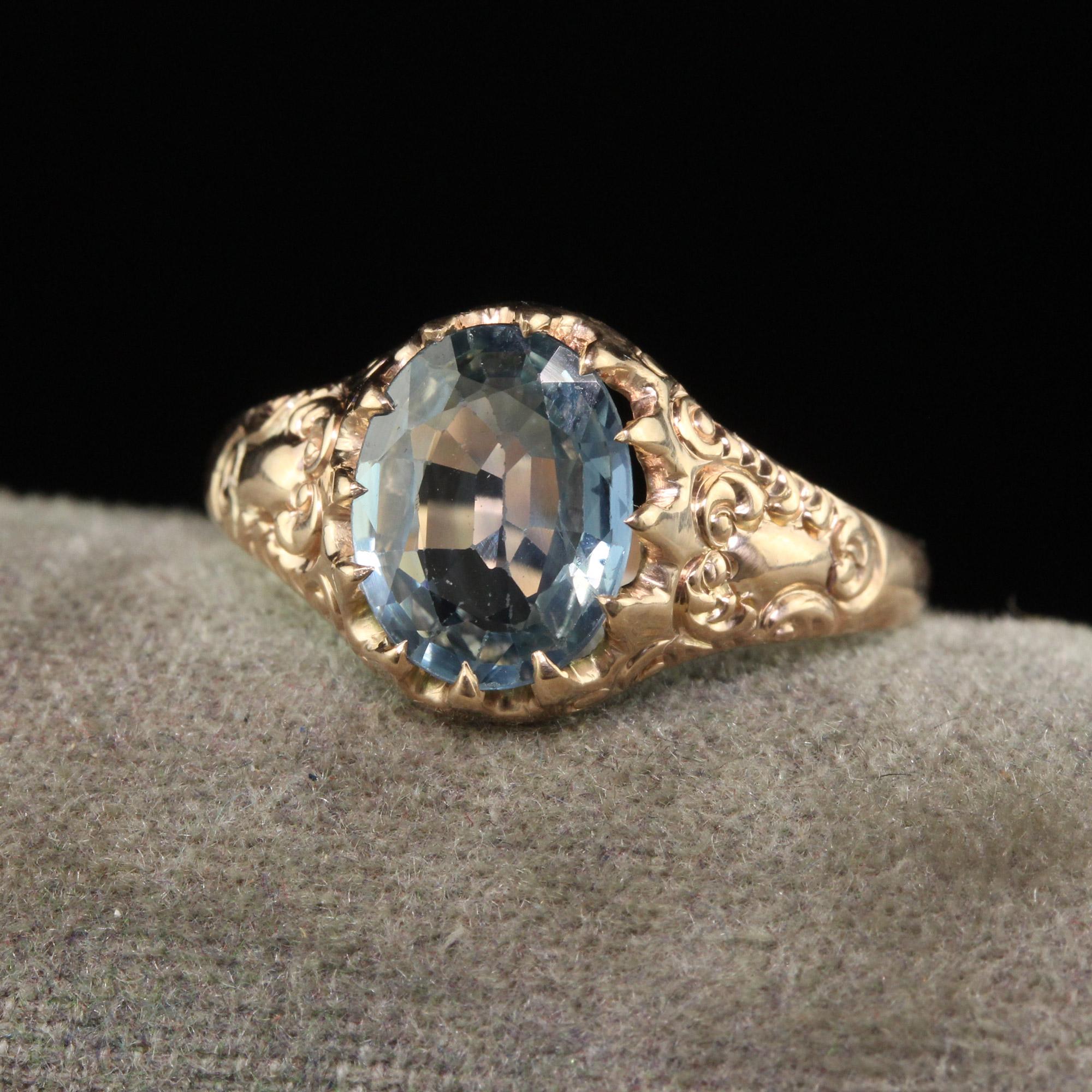 Beautiful Antique Victorian 10K Yellow Gold Natural Unheated Sapphire Engagement Ring. This gorgeous engagement ring is crafted in 10k yellow gold. The center of the ring holds a natural old cut sapphire with a beautiful baby blue color and has an