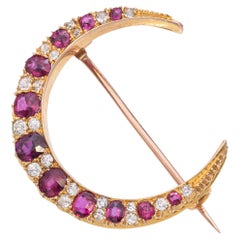 Antique Victorian 10k Yellow Gold No Heat Ruby and Diamond Crescent Brooch GIA