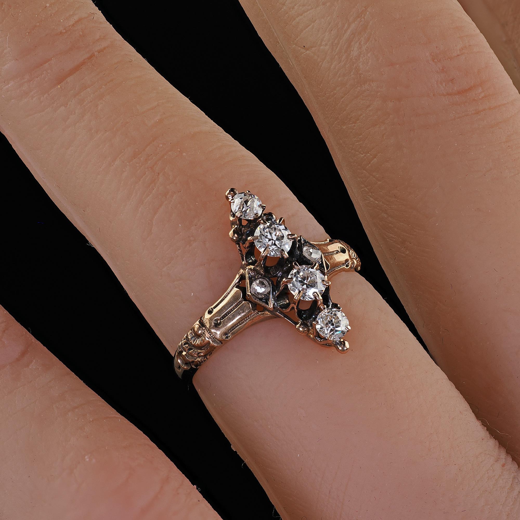 Antique Victorian 10K Yellow Gold Old Cut Diamond Engraved Ring 5