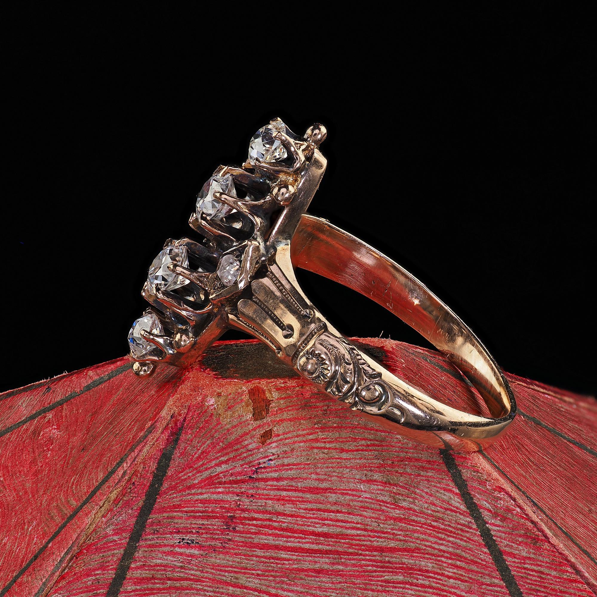 Women's Antique Victorian 10K Yellow Gold Old Cut Diamond Engraved Ring