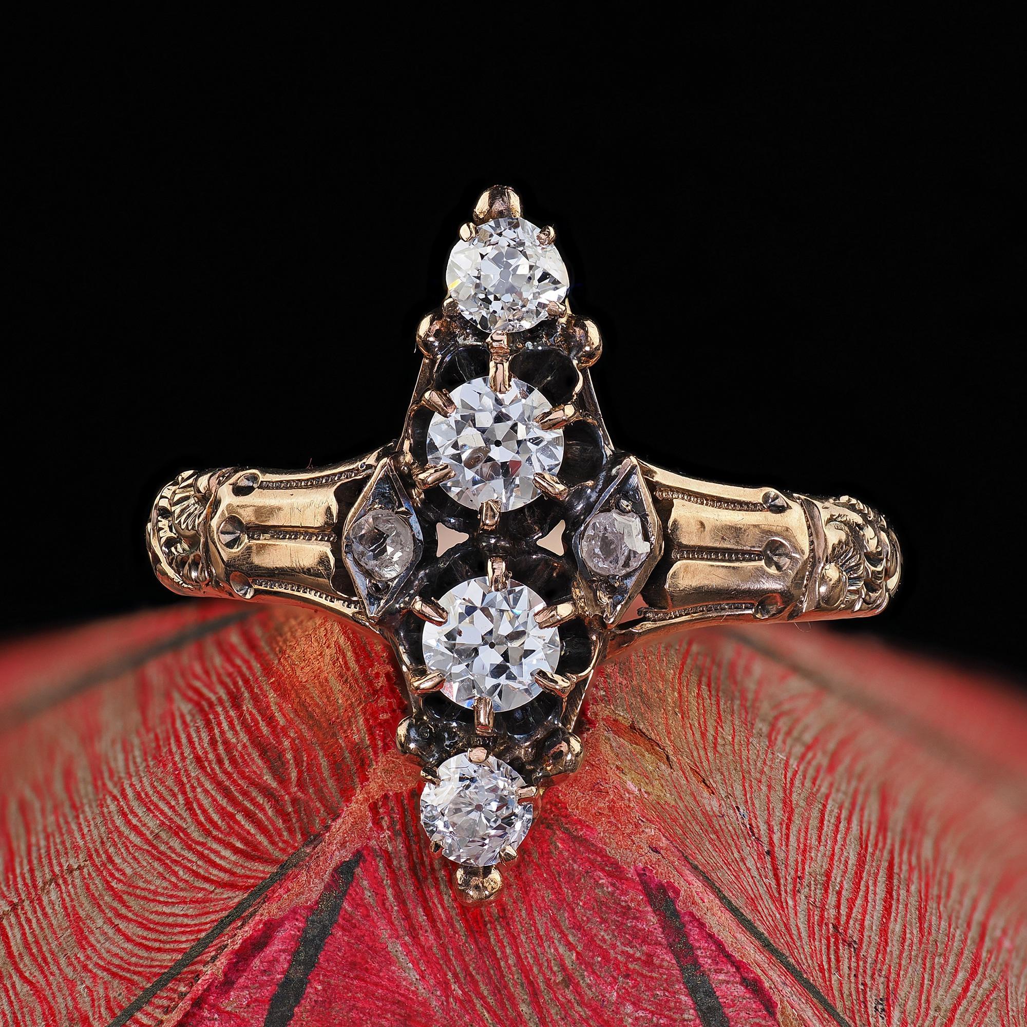 Antique Victorian 10K Yellow Gold Old Cut Diamond Engraved Ring 1