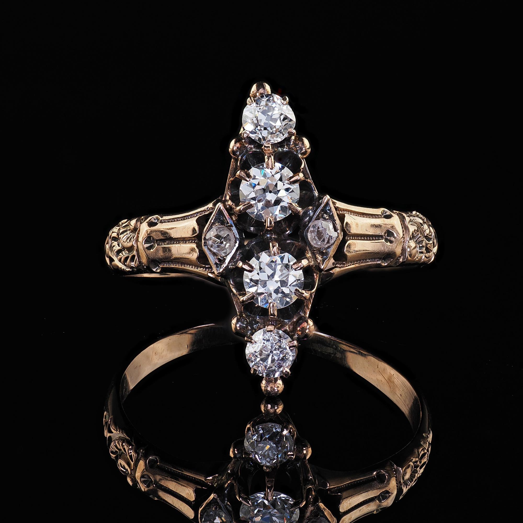 Antique Victorian 10K Yellow Gold Old Cut Diamond Engraved Ring 2