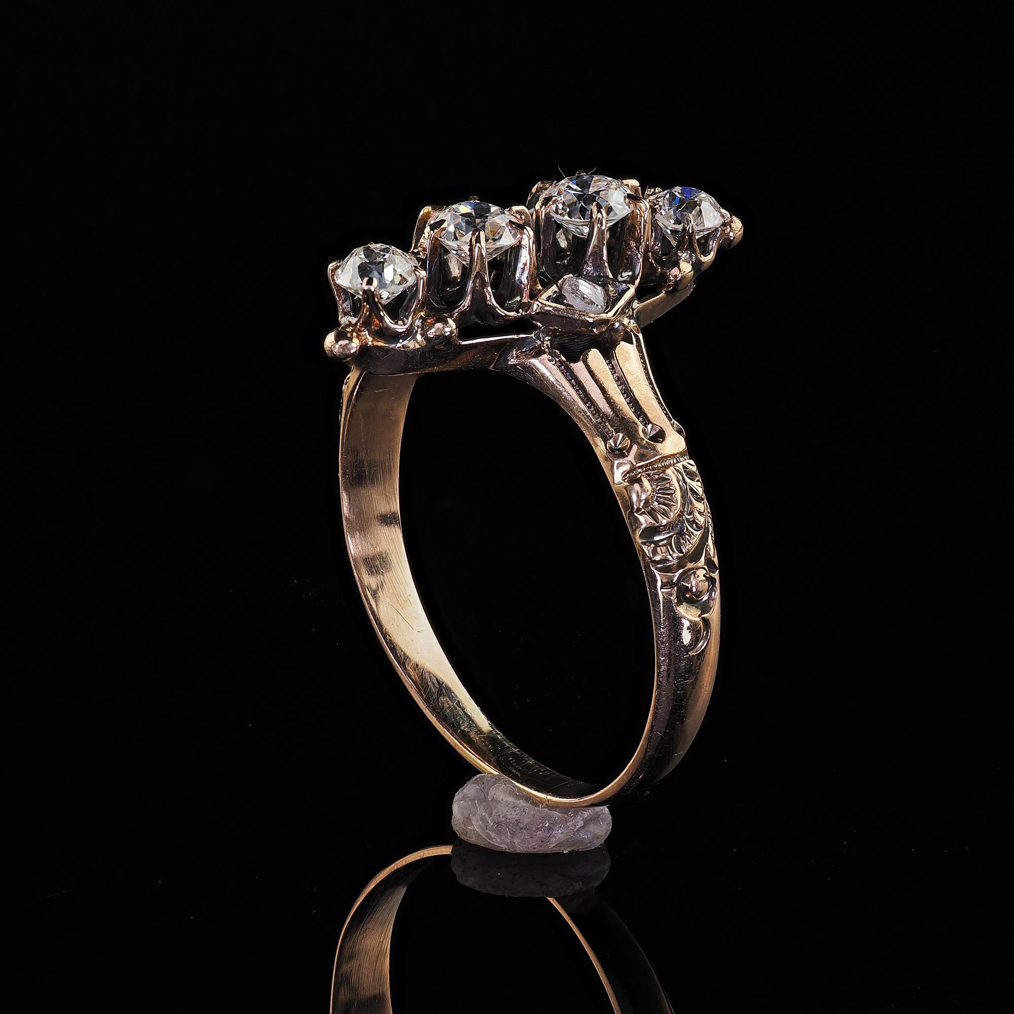 Antique Victorian 10K Yellow Gold Old Cut Diamond Engraved Ring 4