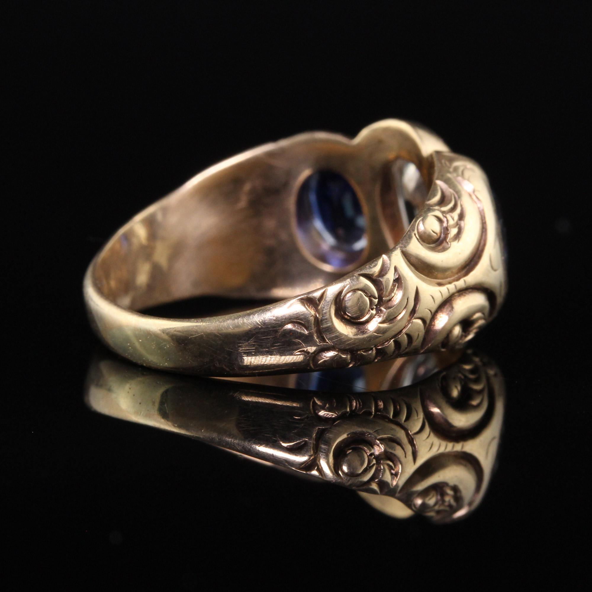 Oval Cut Antique Victorian 10K Yellow Gold Old Cut Diamond Sapphire Three Stone Ring