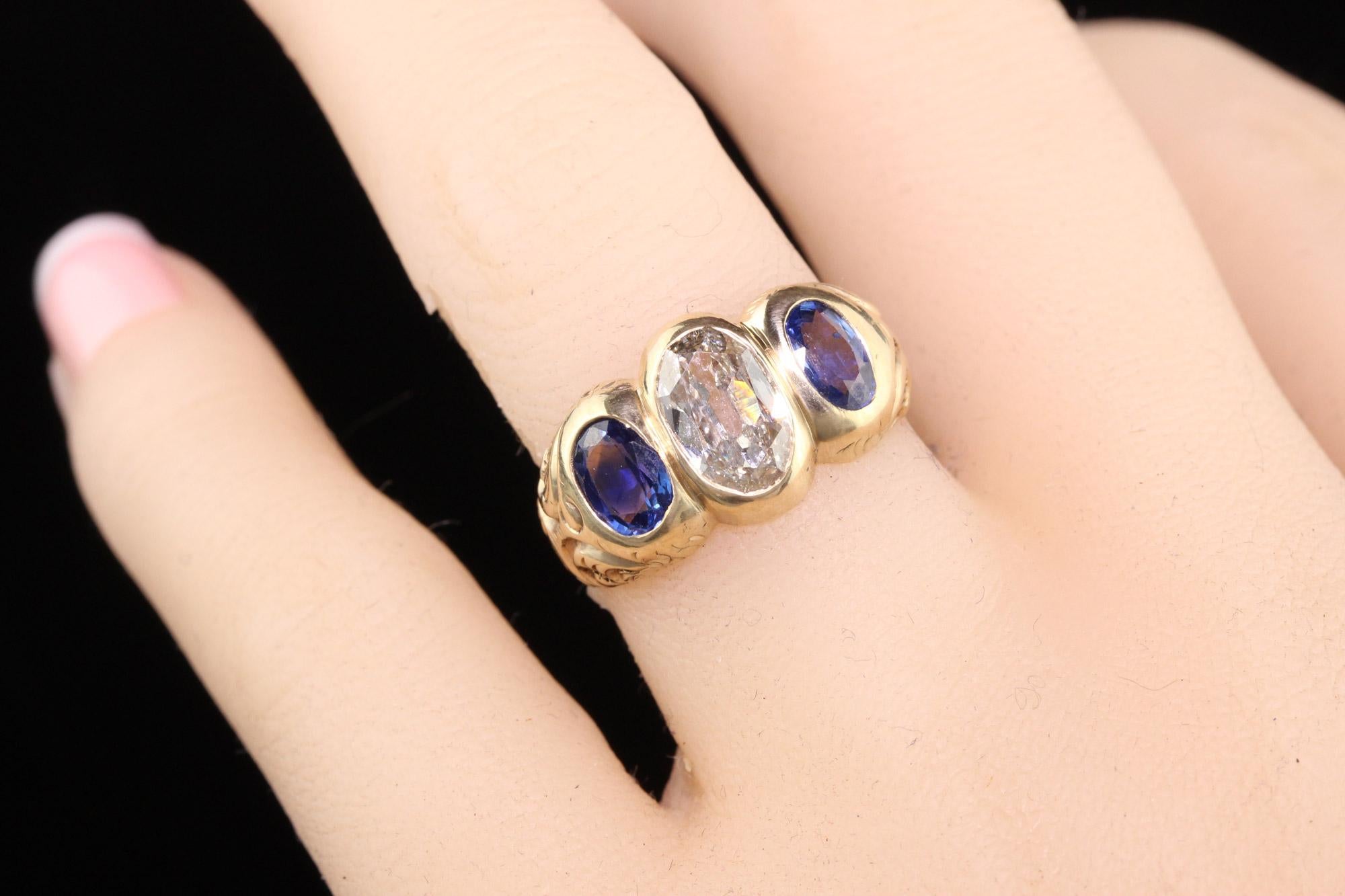 Women's Antique Victorian 10K Yellow Gold Old Cut Diamond Sapphire Three Stone Ring