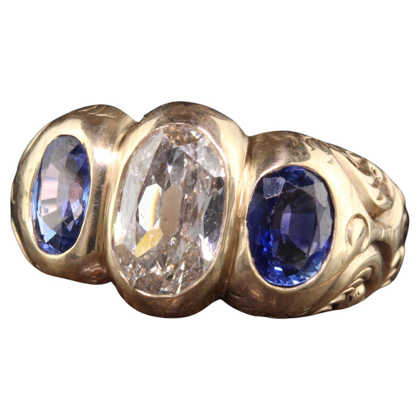 Antique Victorian 10K Yellow Gold Old Cut Diamond Sapphire Three Stone Ring