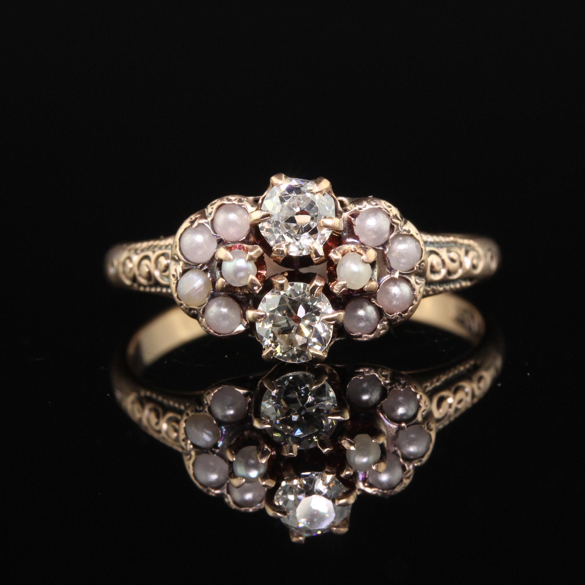 Antique Victorian 10K Yellow Gold Old Euro Diamond and Pearl Toi et Moi Ring In Good Condition In Great Neck, NY