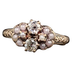 Antique Victorian 10K Yellow Gold Old Euro Diamond and Pearl Toi et Moi Ring