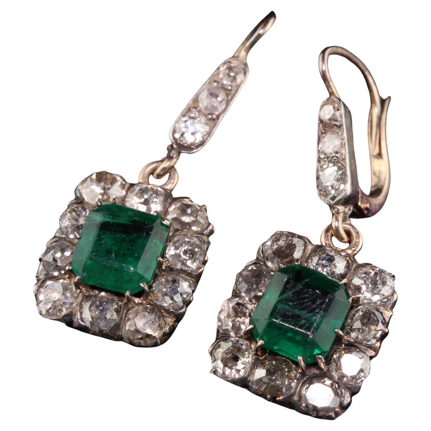 Antique Victorian 10K Yellow Gold Old Mine Cut Diamond Drop Earrings For Sale