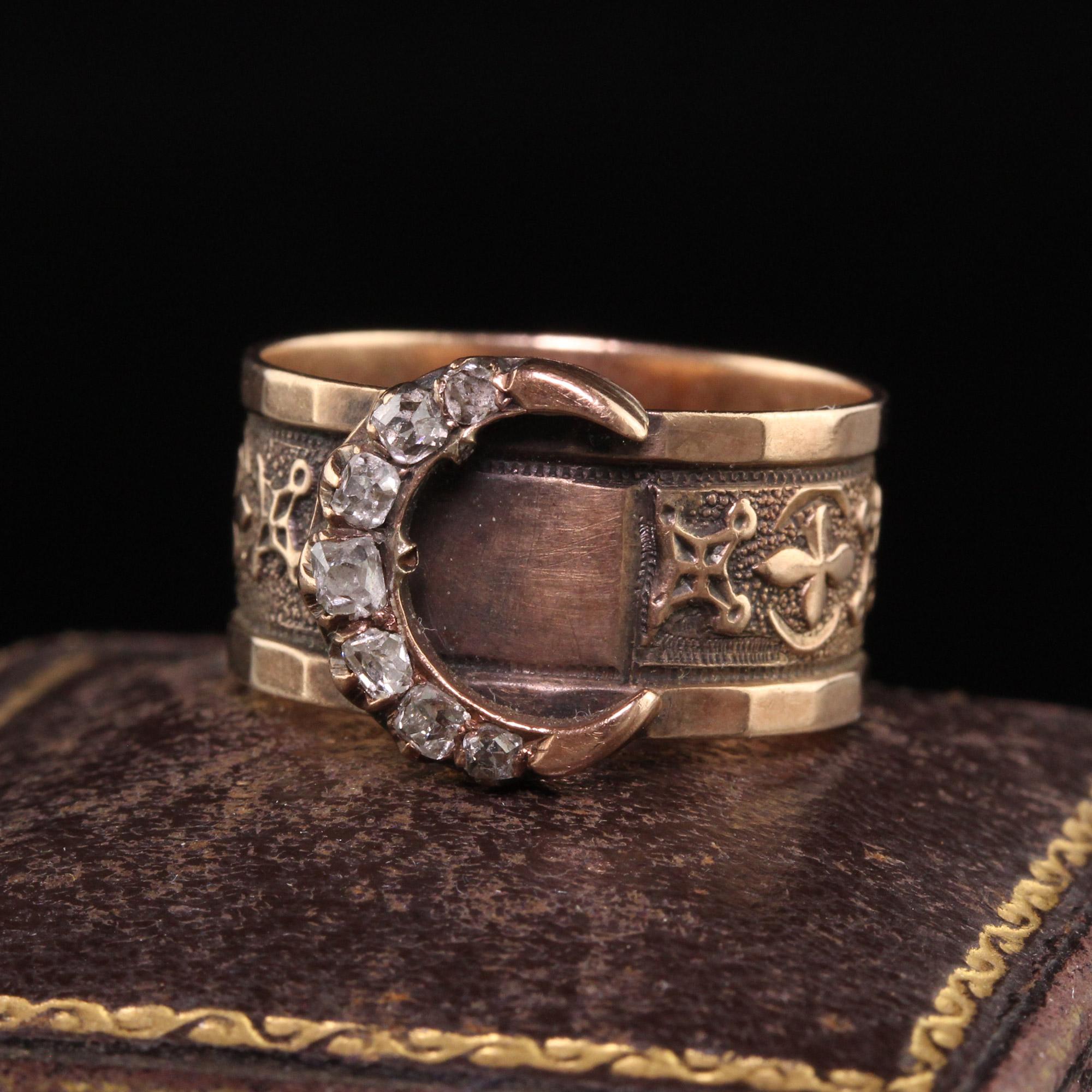 Beautiful Antique Victorian 10K Yellow Gold Old Mine Diamond Crescent Ring. This beautiful ring is crafted in 10k yellow gold. The center holds a crescent that has old mine cut diamonds on it. The band is beautifully engraved and in great