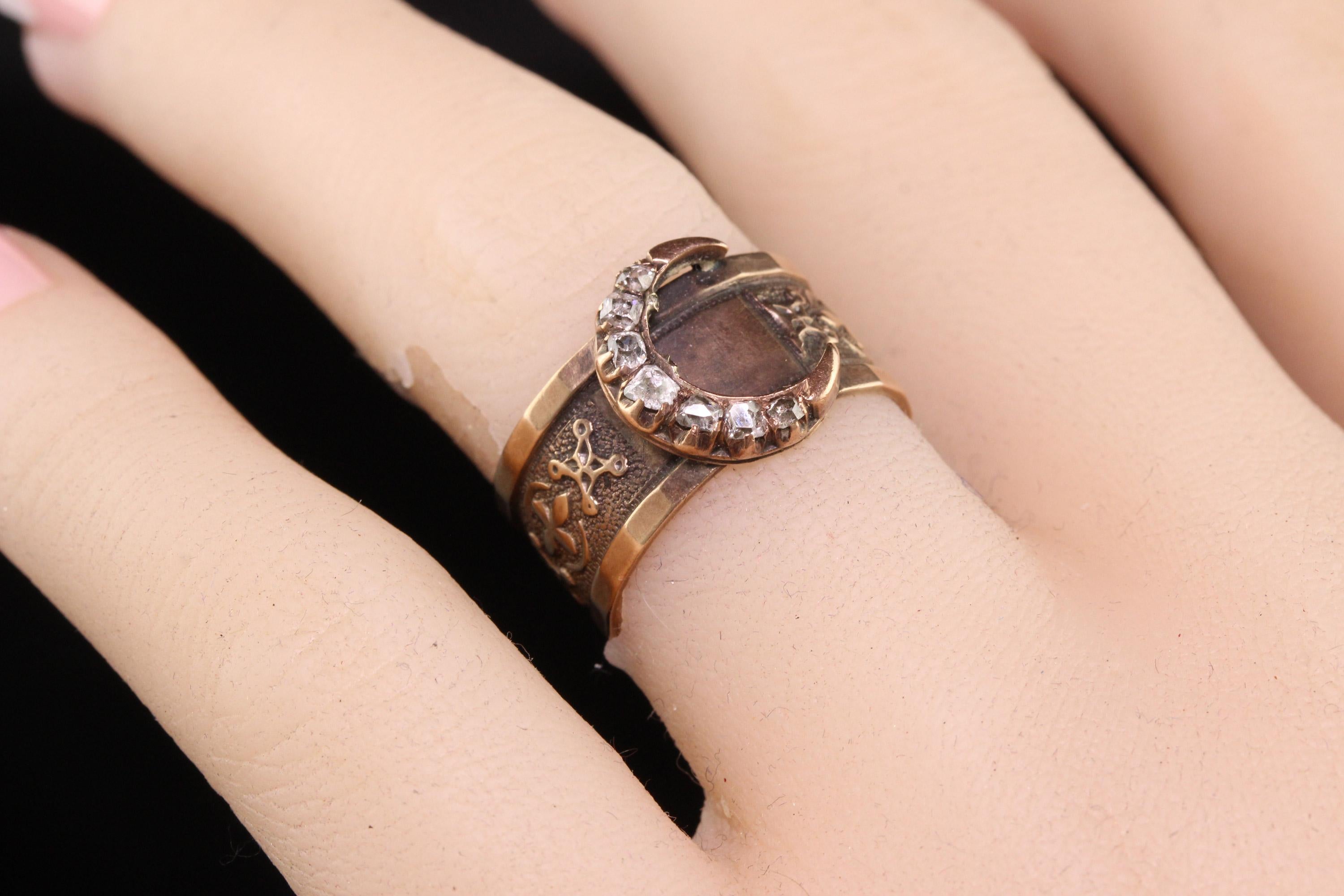 Antique Victorian 10K Yellow Gold Old Mine Diamond Crescent Ring For Sale 1