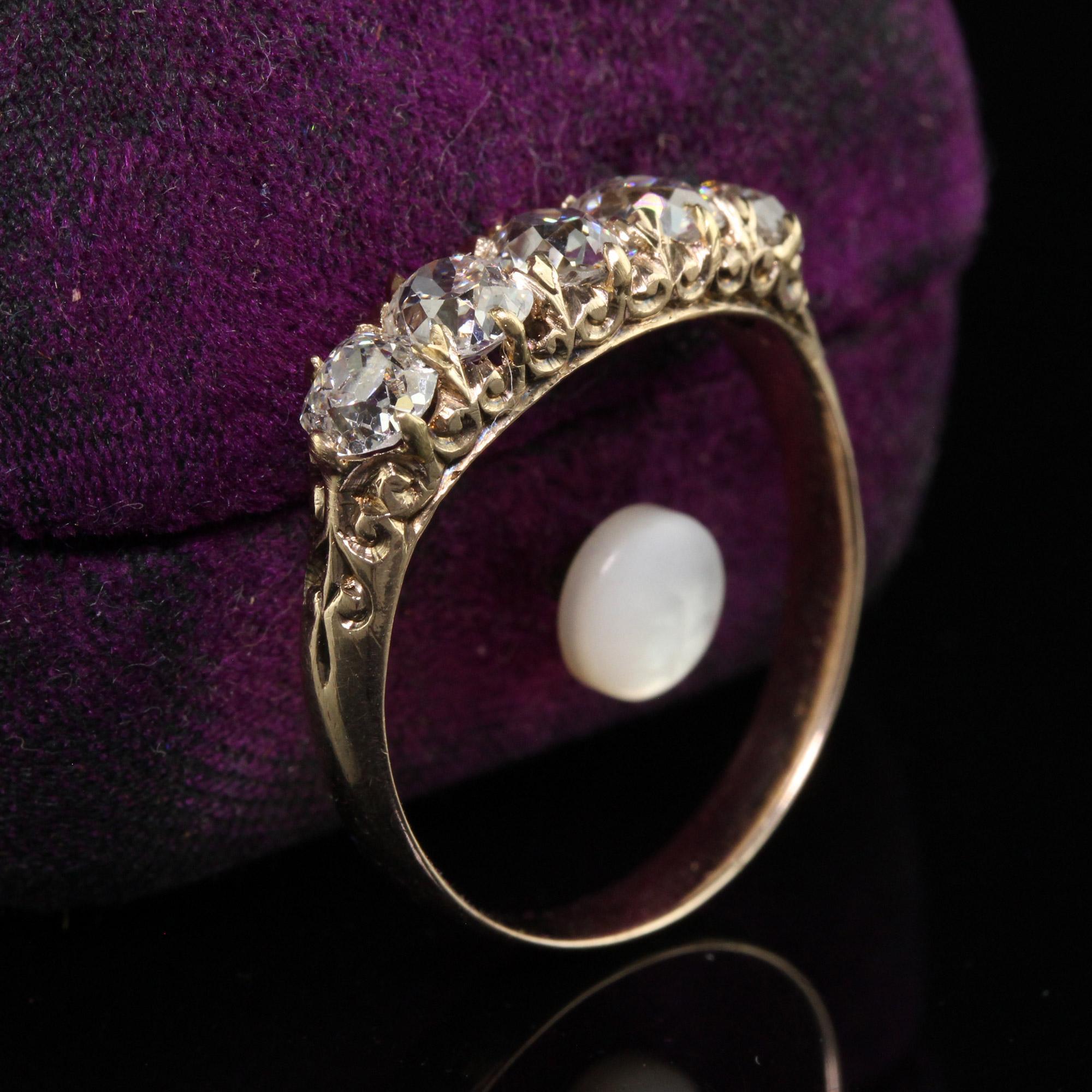 Old Mine Cut Antique Victorian 10K Yellow Gold Old Mine Diamond Five Stone Band - Size 9 1/4 For Sale