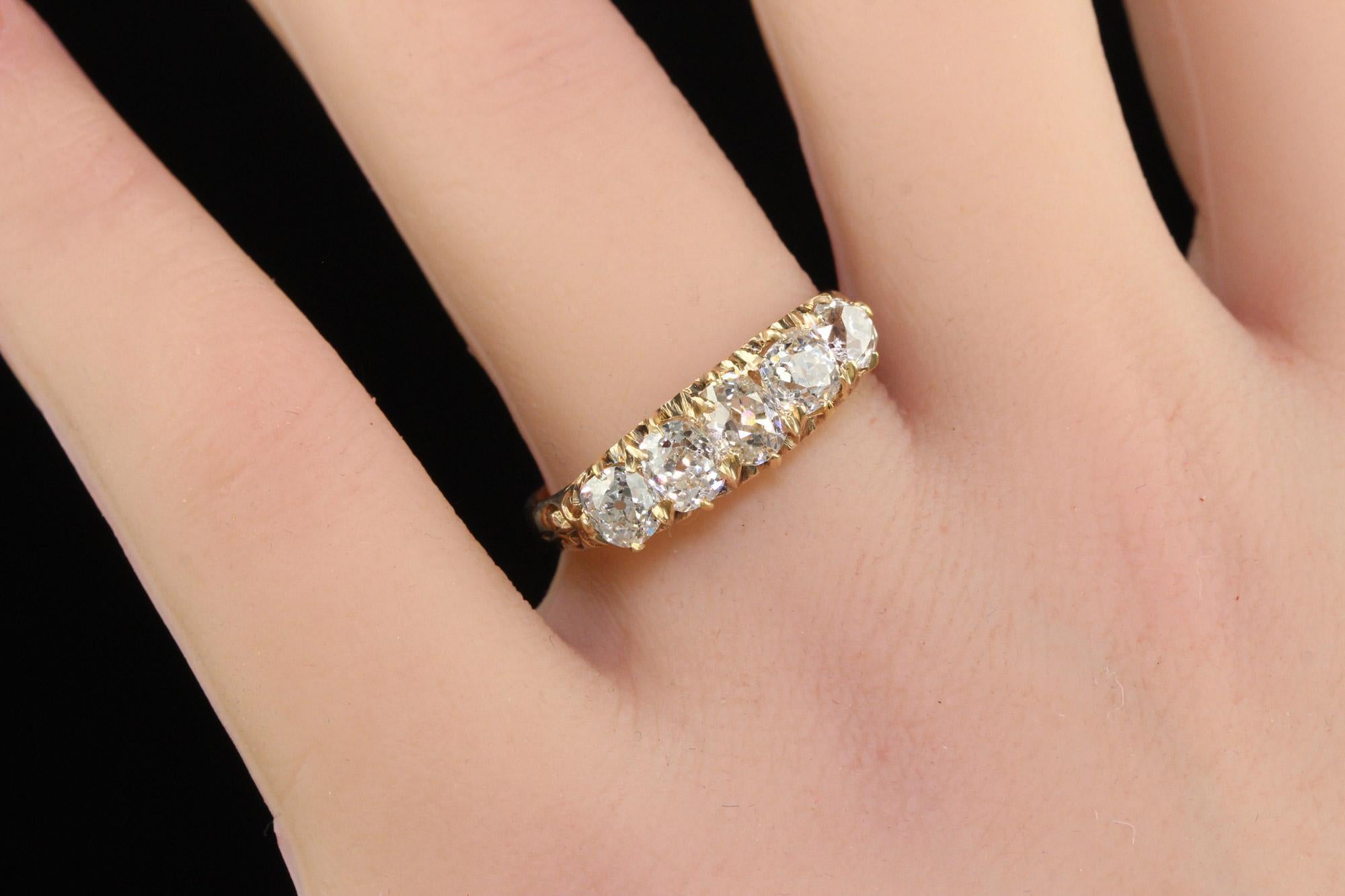 Antique Victorian 10K Yellow Gold Old Mine Diamond Five Stone Band - Size 9 1/4 For Sale 4
