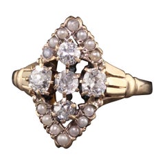 Antique Victorian 10K Yellow Gold Old Mine Diamond Seed Pearl Ring