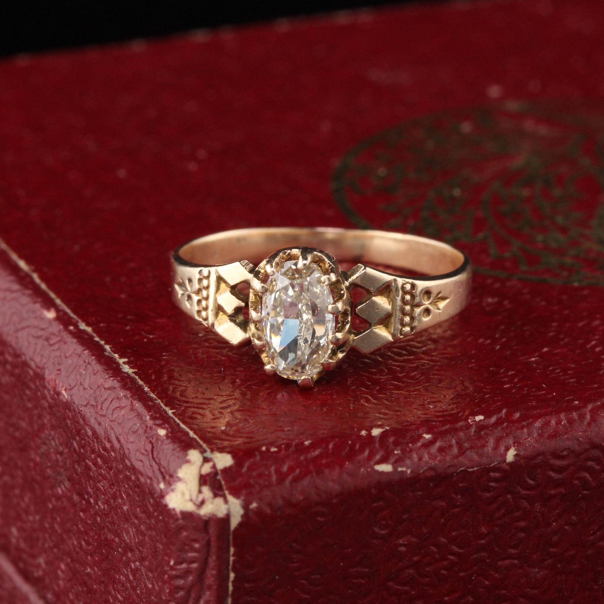 Classic Victorian Engagement Ring with a twist featuring an oval cut diamond in the center with 11 small prongs.

#R0333

Metal: 10K Yellow Gold 

Weight: 1.5 Grams

Diamond Weight: 0.65 ct oval cut diamond

Diamond Color: L

Diamond Clarity: