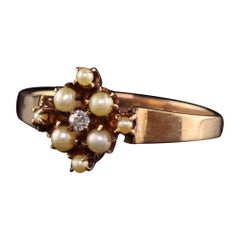 Antique Victorian 10K Yellow Gold Pearl and Old Mine Diamond Cluster Ring