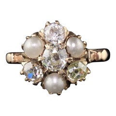 Antique Victorian 10 Karat Yellow Gold Pearl and Diamond Cluster Engagement Ring