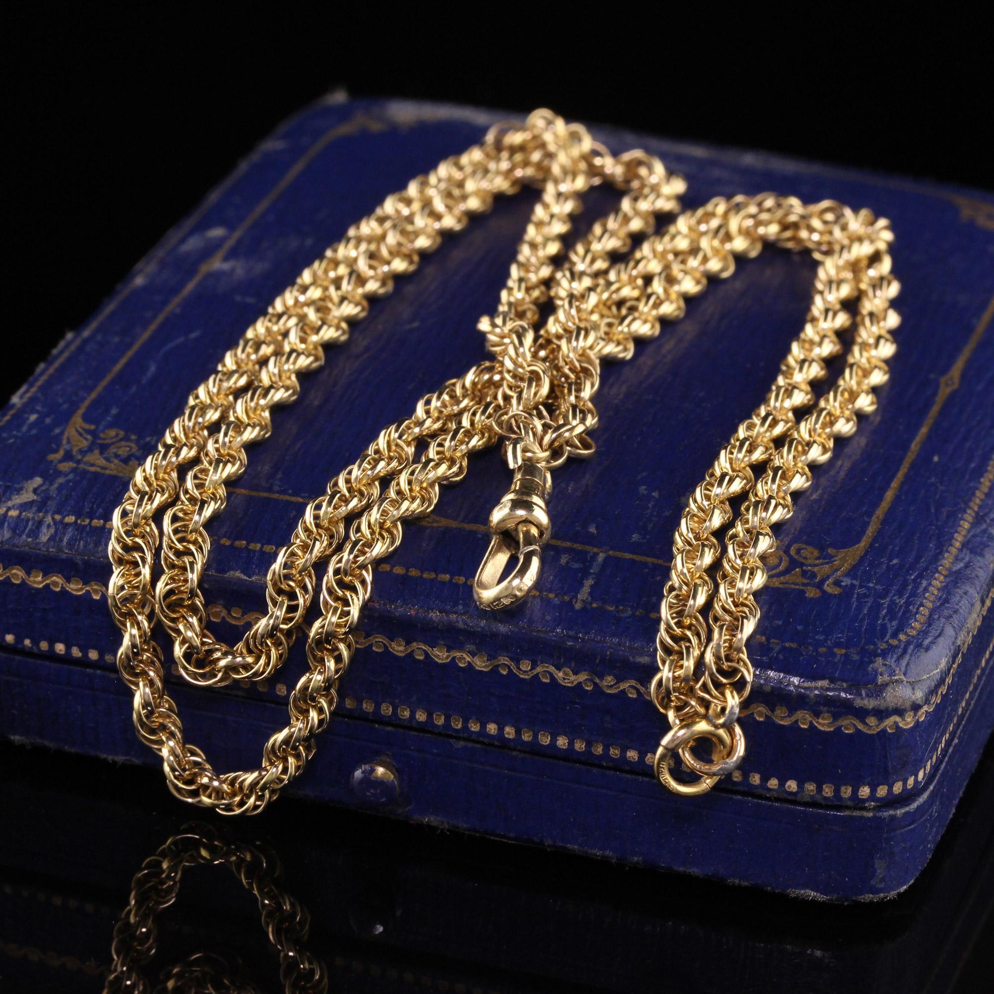 Beautiful Antique Victorian 10K Yellow Gold Rope Link Chain Necklace - 27 inches. This beautiful necklace is crafted in 10k yellow gold. The chain is made in a handmade loose rope chain and has a fob that can have a pendant attached to it.

Item