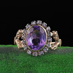 Antique Victorian 10K Yellow Gold Silver Amethyst Diamond Halo Engagement Ring
