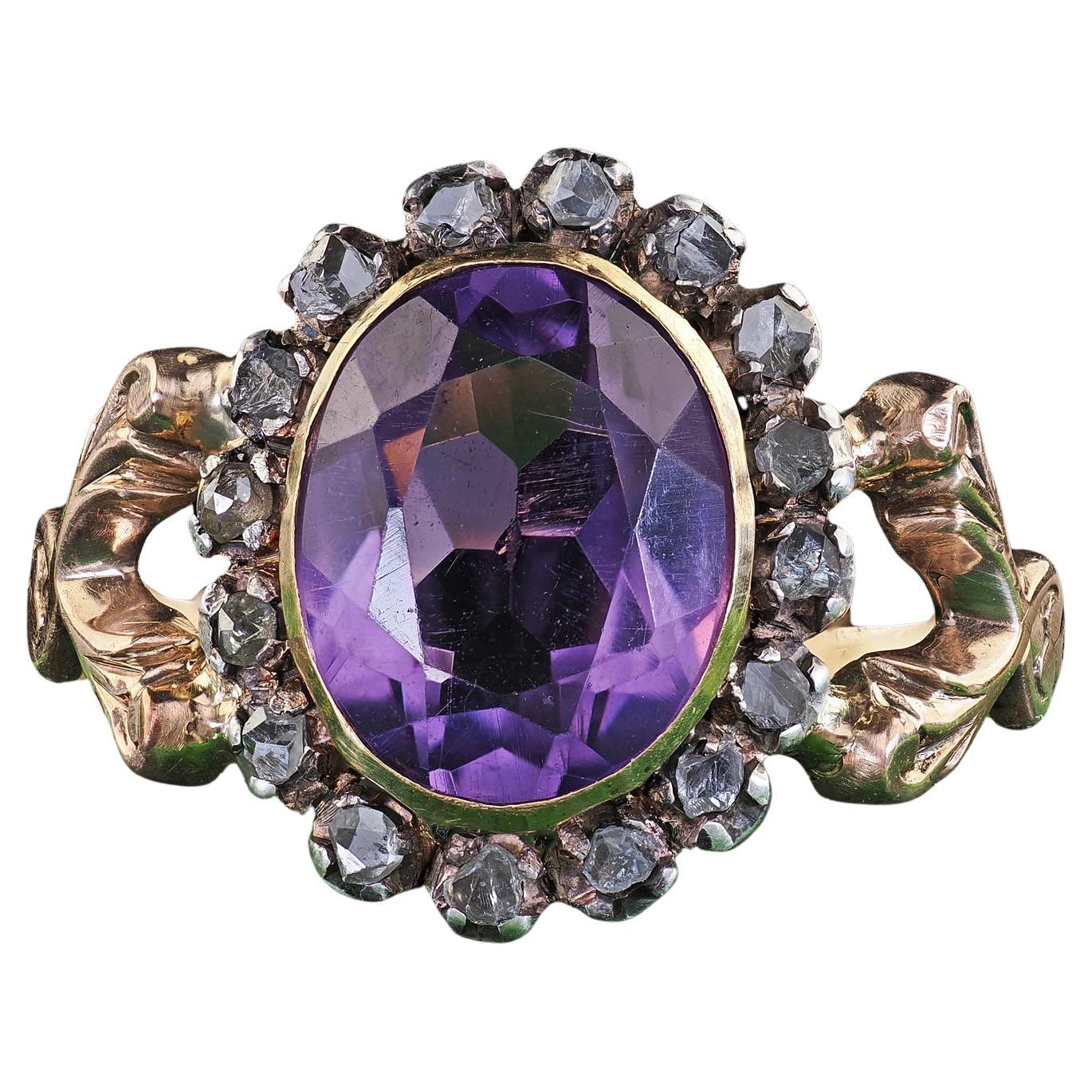 Antique Victorian 10K Yellow Gold Silver Amethyst Diamond Halo Engagement Ring