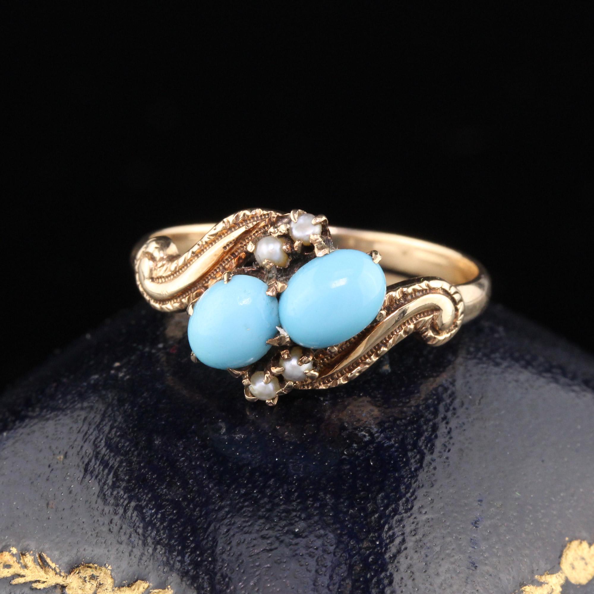 Victorian 10K Yellow Gold 'Toi et Moi' Ring with two oval turquoises and 2 seed pearls on each side. In excellent condition.

#R0179

Metal: 10K Yellow Gold 

Weight: 2.5 Grams

Turquoise Measurements: Approximately 6 x 4.5 mm

Ring Size: 7