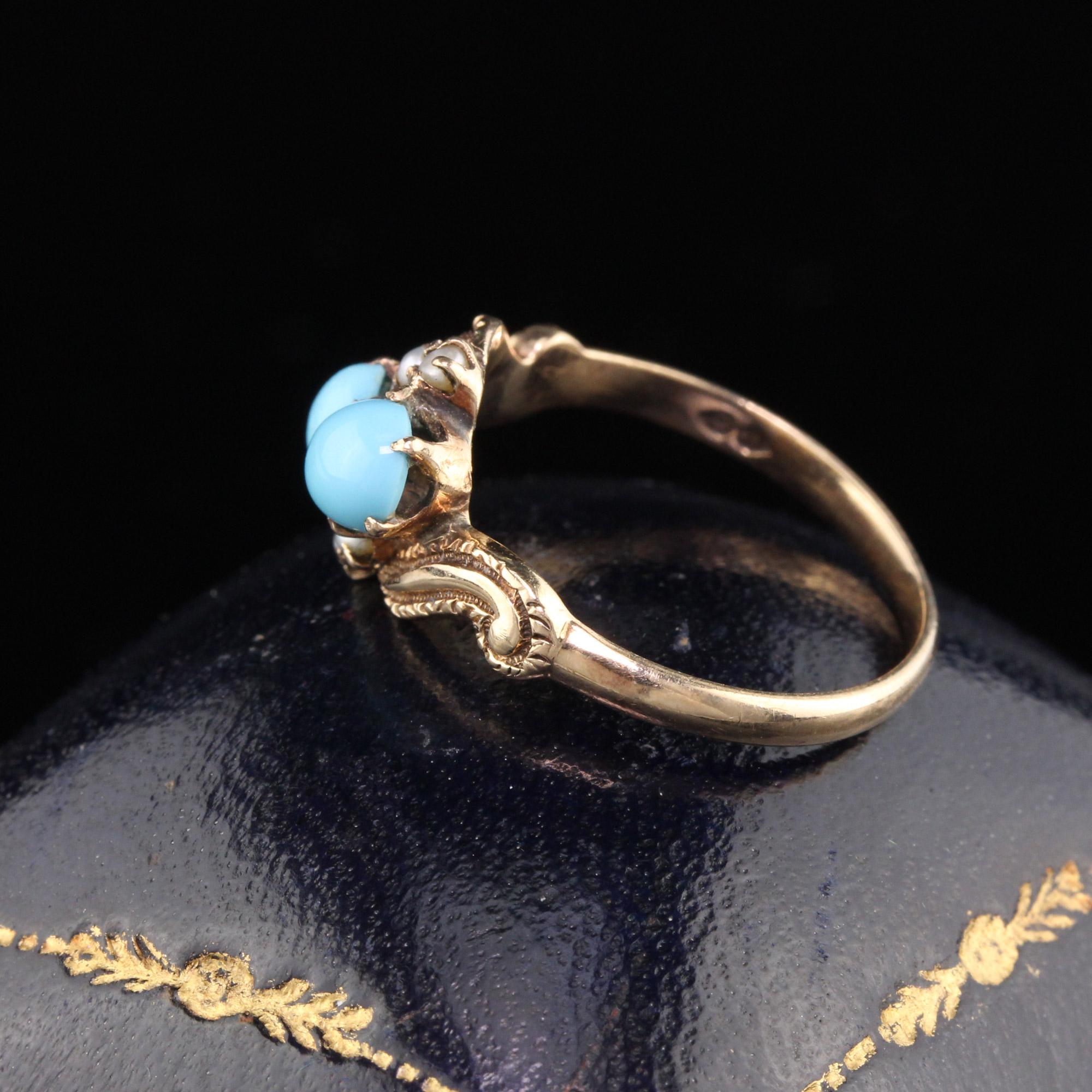 Antique Victorian 10 Karat Gold Turquoise and Seed Pearl 'Toi Et Moi' Ring In Excellent Condition In Great Neck, NY
