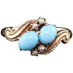 Antique Victorian 10 Karat Gold Turquoise and Seed Pearl 'Toi Et Moi' Ring