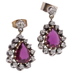 Antique Victorian 10kt Gold and Silver Ruby and Diamond Pair of Drop Earrings