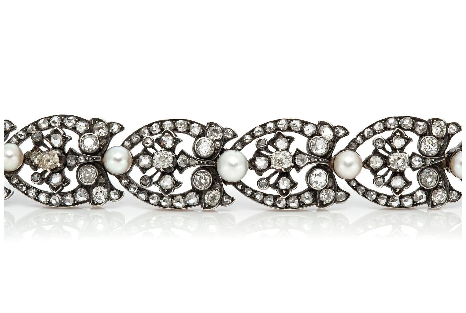 Victorien Bracelet victorien ancien en diamants et perles de 11,00 carats en vente